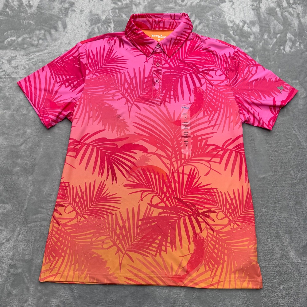 Birdie Bound Polo Shirt Mens M Pink Orange Palm Tropical Golf Performance Tee
